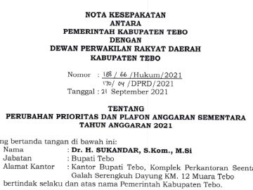 Nota Kesepakatan Perubahan Prioritas dan Plafon Anggaran Sementara Kabupaten Tebo TA. 2021