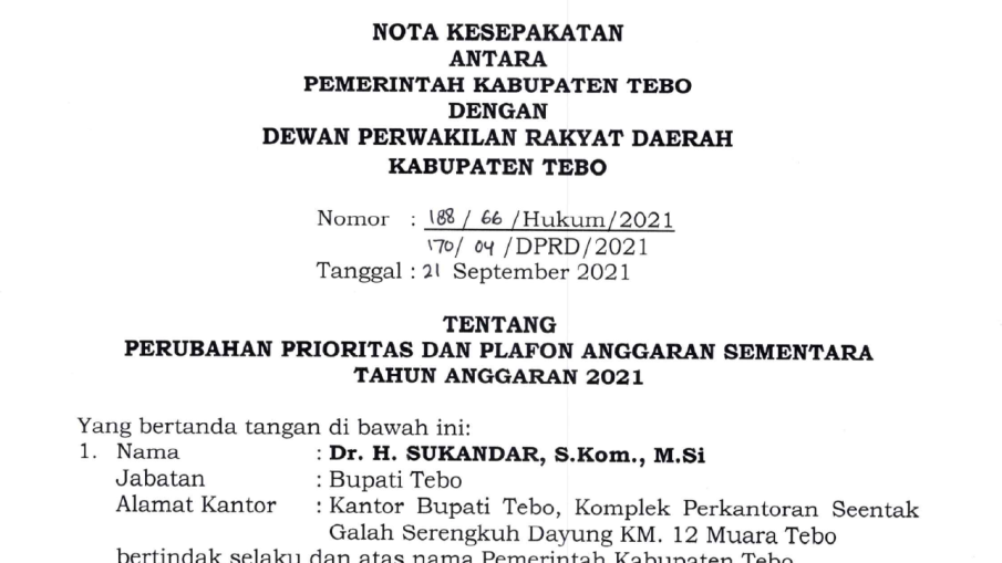 Nota Kesepakatan Perubahan Prioritas dan Plafon Anggaran Sementara Kabupaten Tebo TA. 2021